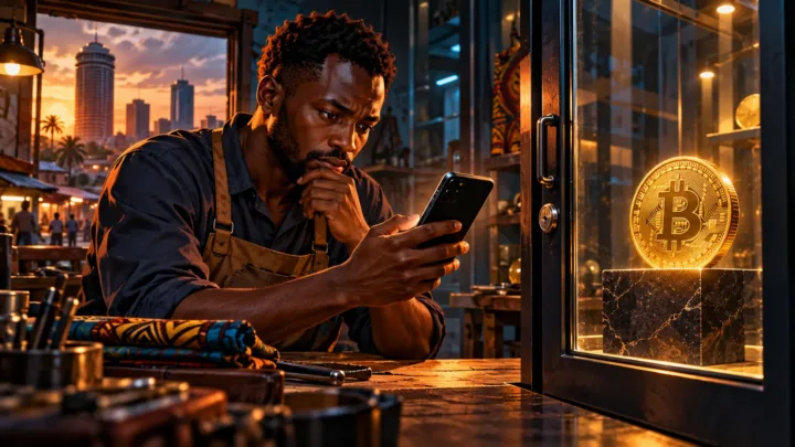 Tanzanian buyer checking a phone beside a secure Bitcoin gateway