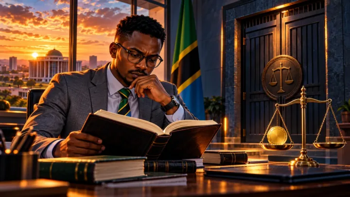 Tanzanian lawyer examining a book beside scales in an office