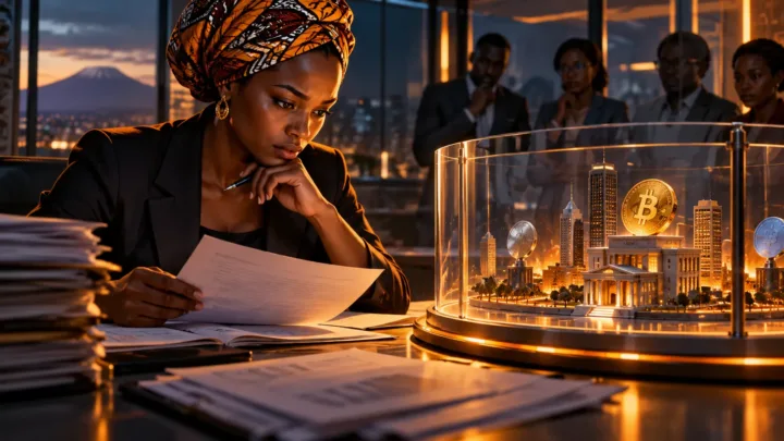 Analyste tanzanienne étudiant un dossier devant un cadre de test financier