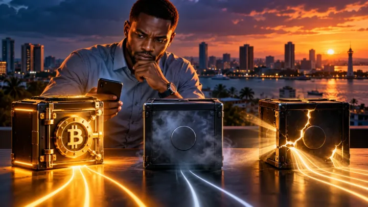 Utilisateur tanzanien comparant trois coffres numériques devant Dar es Salaam