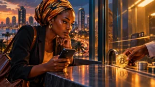 Utilisatrice tanzanienne observant un téléphone et une pièce Bitcoin derrière une vitre
