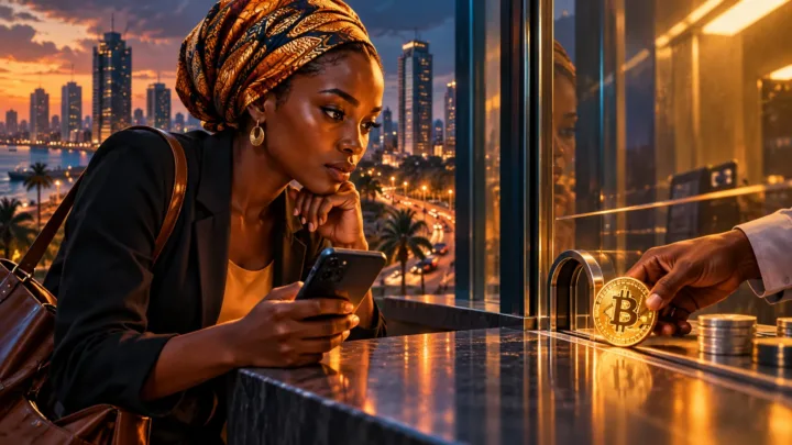 Utilisatrice tanzanienne observant un téléphone et une pièce Bitcoin derrière une vitre