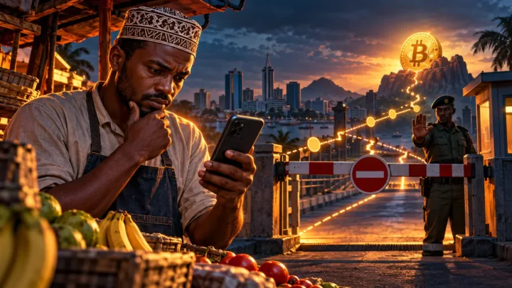 Commerçant tanzanien vérifiant un parcours mobile vers Bitcoin devant une barrière