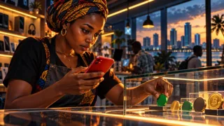 Commerçante tanzanienne comparant un téléphone rouge et des tokens dans une vitrine