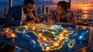 Professionnels africains examinant des corridors de paiement sur une carte abstraite