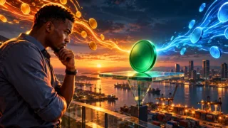 Entrepreneur tanzanien observant un token vert en équilibre devant Dar es Salaam
