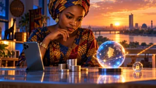 Une commerçante tchadienne compare un téléphone, des pièces neutres et une sphère numérique dans son atelier.
