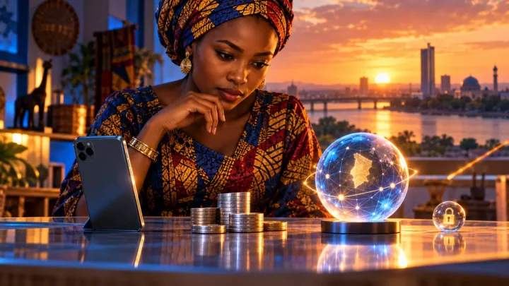 A Chadian shopkeeper compares a phone, neutral coins and a digital sphere in her workshop.
