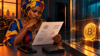 Une acheteuse tchadienne examine un devis abstrait et un portefeuille avant de toucher une pièce Bitcoin.