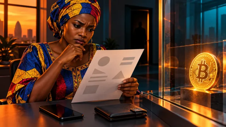 Une acheteuse tchadienne examine un devis abstrait et un portefeuille avant de toucher une pièce Bitcoin.