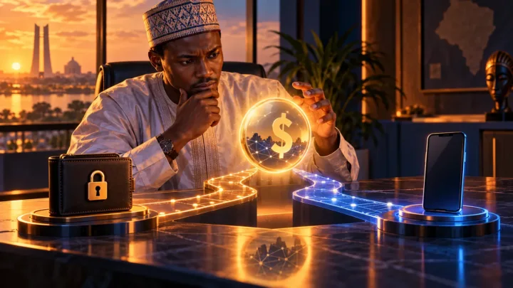 Un entrepreneur tchadien observe un jeton dollar au croisement de deux voies numériques séparées.