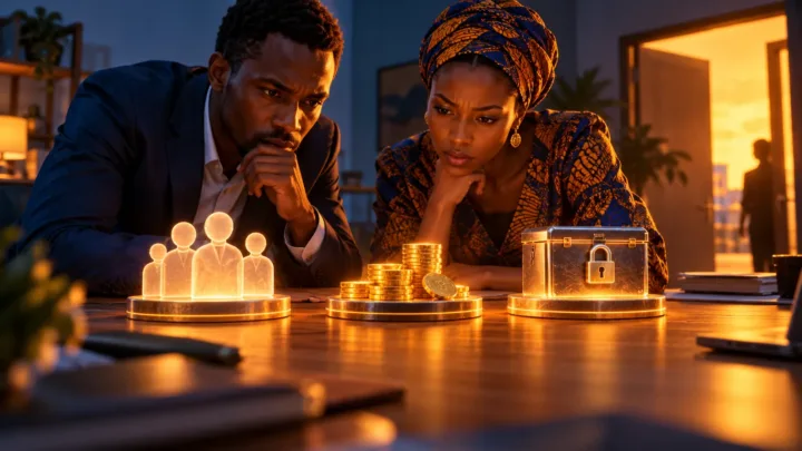 Deux professionnels tchadiens étudient des modules lumineux représentant clients, paiements et garde des clés.