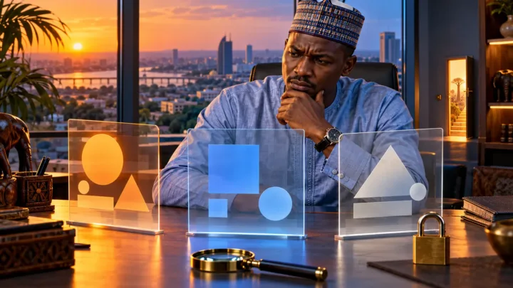 A Chadian entrepreneur examines three abstract interfaces and a padlock in a contemporary office.