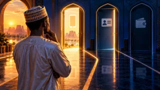 Un utilisateur tchadien observe trois portes distinctes symbolisant application, identité et retrait dans une scène numérique.