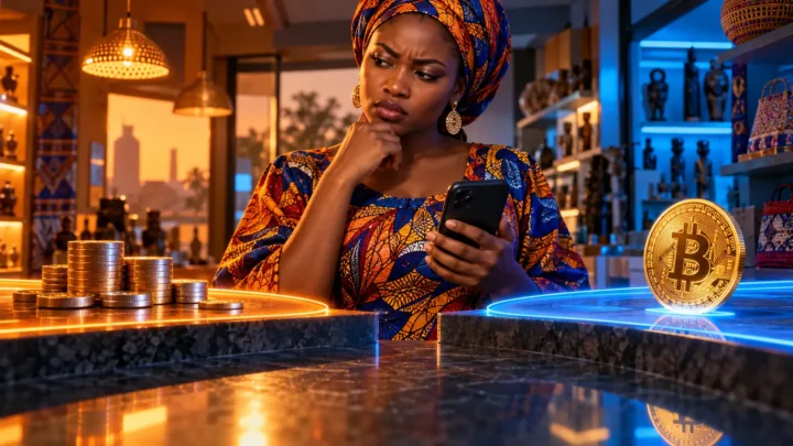Une cliente tchadienne tient un téléphone entre deux circuits séparés, l’un monétaire et l’autre associé à Bitcoin.