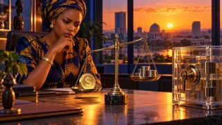 Une entrepreneuse tchadienne pèse un jeton dollar face à des pièces neutres et un coffre dans une lumière contrastée.