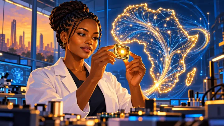 Ingénieure africaine dans un environnement stylisé de circuits et de technologies numériques