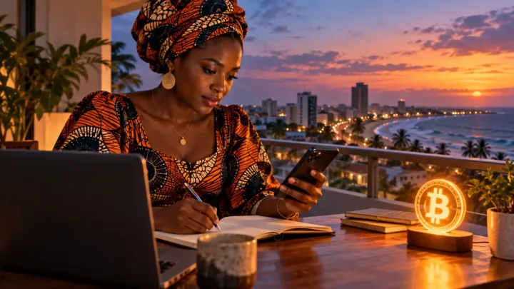 Une lectrice examine une fraction de Bitcoin et son budget en XOF