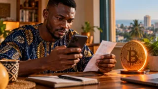 Un utilisateur rapproche un paiement mobile et une commande Bitcoin