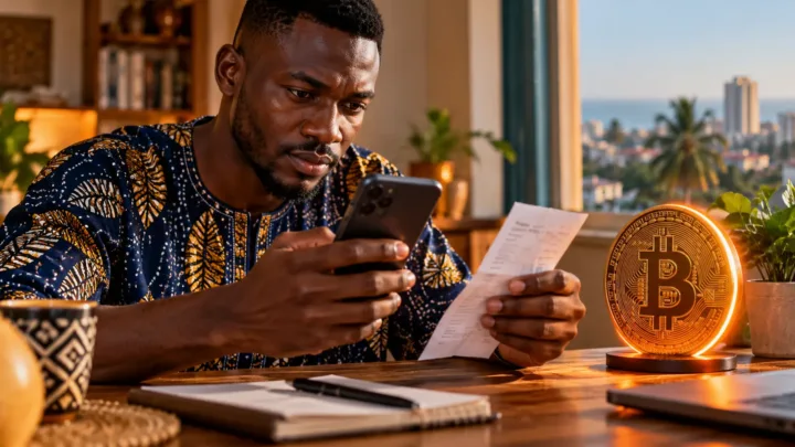 Un utilisateur rapproche un paiement mobile et une commande Bitcoin