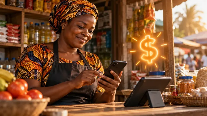 Une commerçante vérifie un paiement mobile et une réception d’USDT