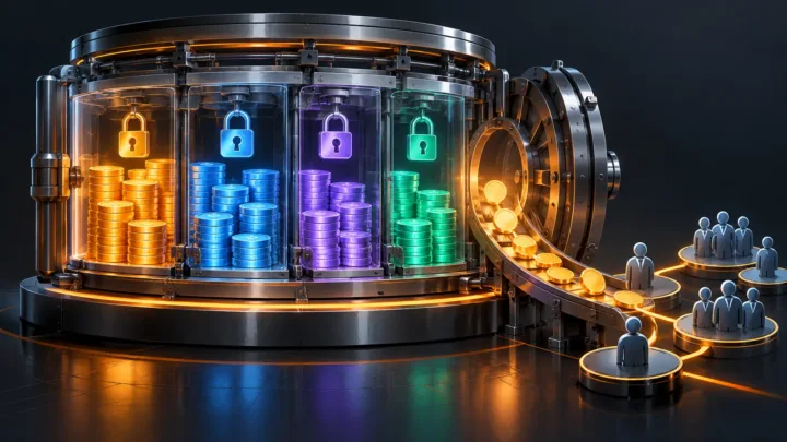 Calendrier stylisé de déblocages avec répartition de l’offre d’un token crypto