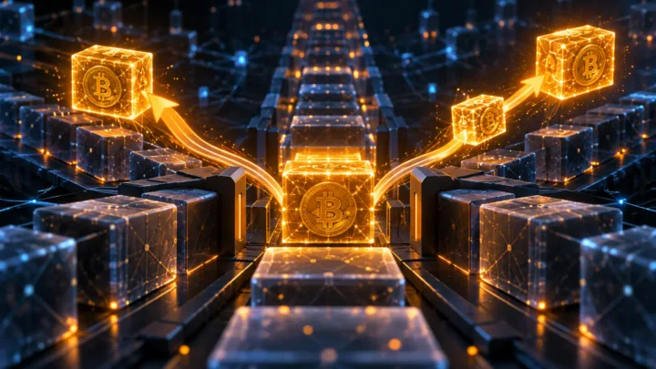 Transaction Bitcoin en attente dans un mempool stylisé avec deux chemins RBF et CPFP