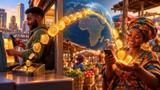 Téléphones et flux de paiement stylisés entre deux personnes en Afrique