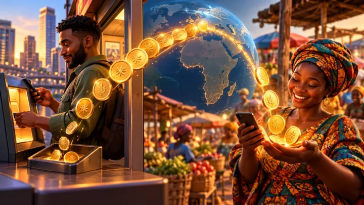 Téléphones et flux de paiement stylisés entre deux personnes en Afrique