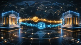 Deux plateformes crypto stylisées échangeant un transfert et un paquet de données sécurisé