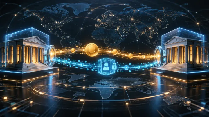 Deux plateformes crypto stylisées échangeant un transfert et un paquet de données sécurisé