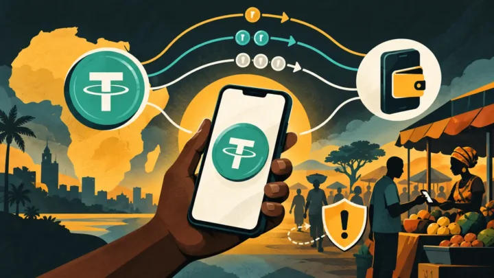 Mobile Money phone connected to a USDT wallet on a stylized map of Africa