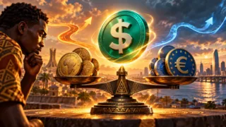 Jeton numérique stylisé et pièces illustrant le change entre stablecoins et francs CFA