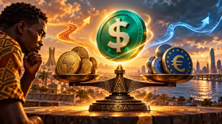 Jeton numérique stylisé et pièces illustrant le change entre stablecoins et francs CFA
