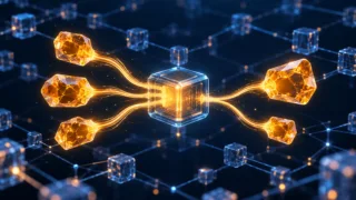 Plusieurs fragments Bitcoin stylisés regroupés dans une transaction avec une sortie de change