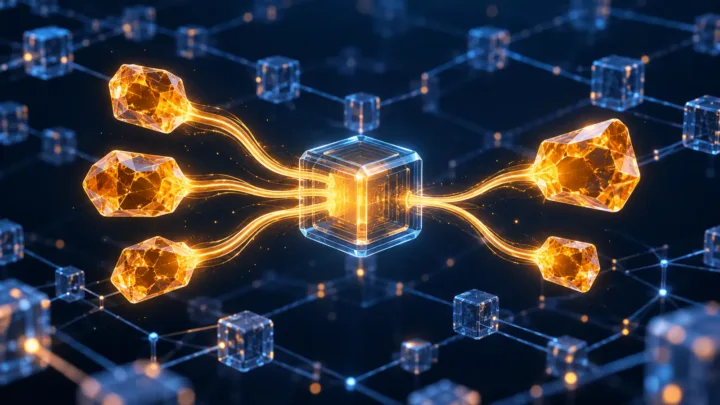 Plusieurs fragments Bitcoin stylisés regroupés dans une transaction avec une sortie de change